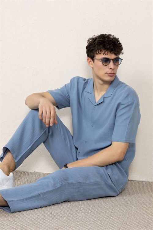 Wholesale Mens Sky Blue Muslin Resort Collar Shirt
