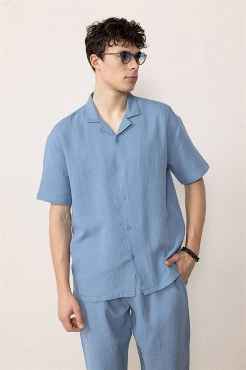 Wholesale Mens Sky Blue Muslin Resort Collar Shirt