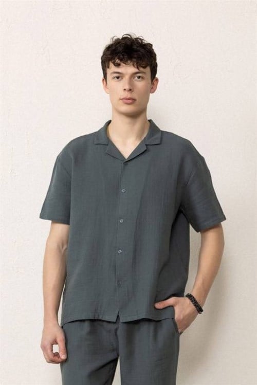 Wholesale Mens Smoke Gray Muslin Resort Collar Shirt