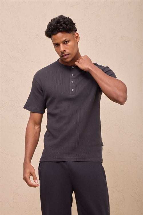 Wholesale Mens Smoke Gray Regular Fit Waffle Knit Henley T-Shirt