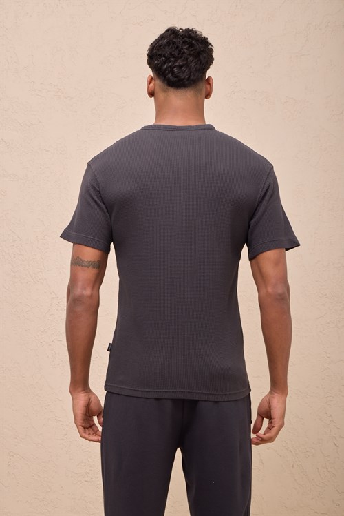 Wholesale Mens Smoke Gray Regular Fit Waffle Knit Henley T-Shirt