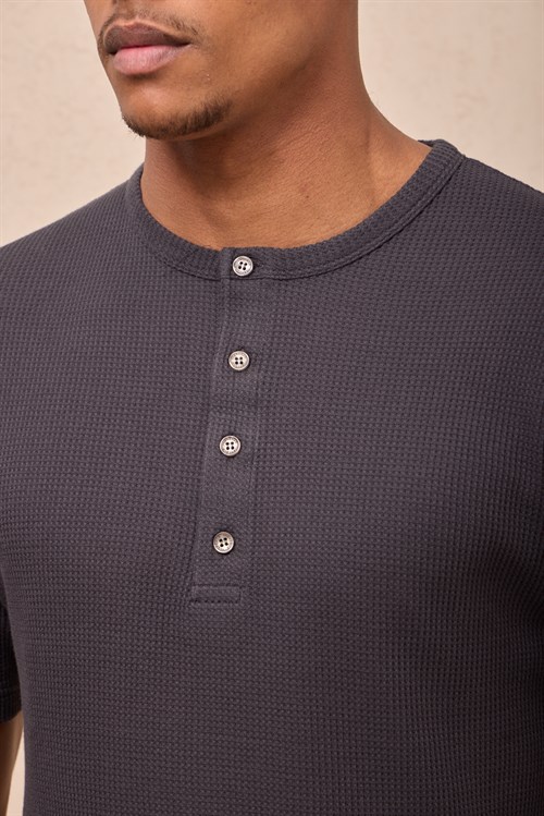Wholesale Mens Smoke Gray Regular Fit Waffle Knit Henley T-Shirt