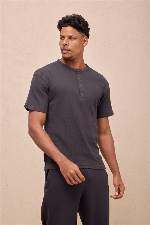 Wholesale Mens Smoke Gray Regular Fit Waffle Knit Henley T-Shirt