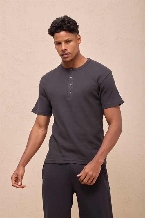 Wholesale Mens Smoke Gray Regular Fit Waffle Knit Henley T-Shirt
