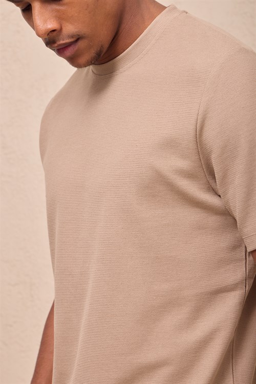 Wholesale Mens Soft Beige Regular Fit Double-Knit Crew-Neck T-Shirt