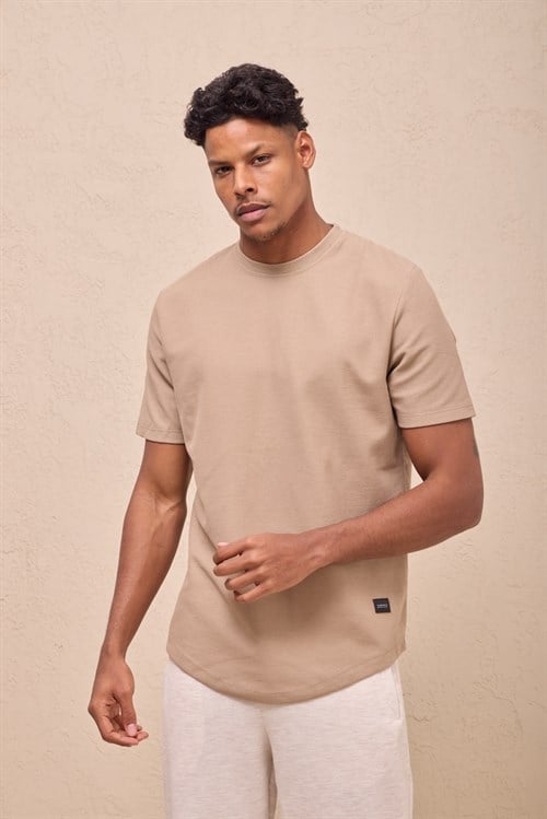 Wholesale Mens Soft Beige Regular Fit Double-Knit Crew-Neck T-Shirt