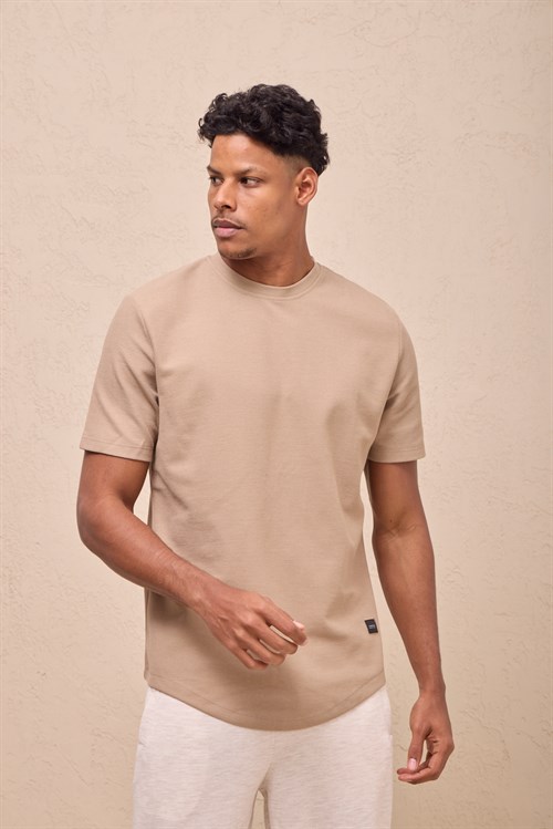 Wholesale Mens Soft Beige Regular Fit Double-Knit Crew-Neck T-Shirt