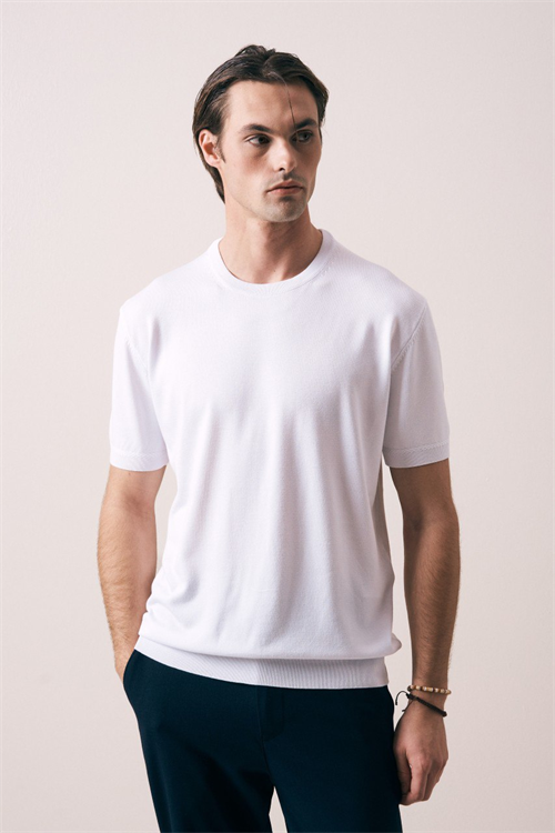 Wholesale Mens White Knit Crew-Neck T-Shirt