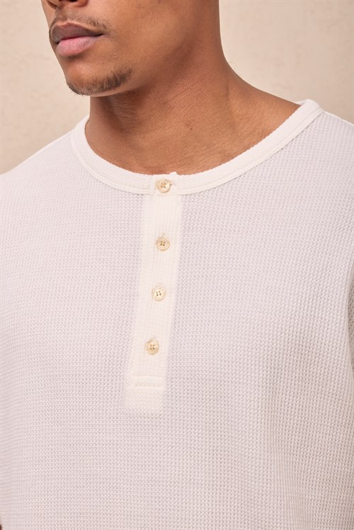 Wholesale Mens White Regular Fit Waffle Knit Henley T-Shirt
