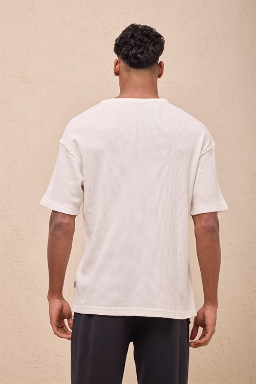 Wholesale Mens White Regular Fit Waffle Knit Henley T-Shirt