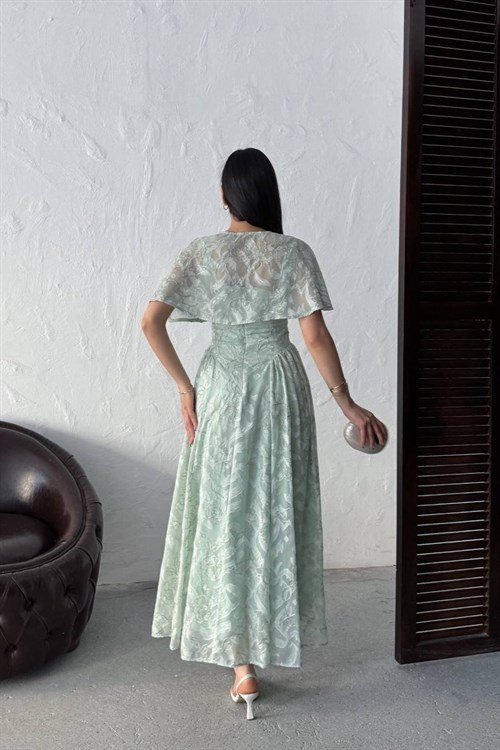 Wholesale Mint Jacquard Organza Dress with Overlay