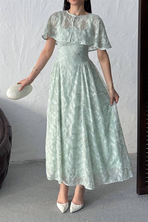 Wholesale Mint Jacquard Organza Dress with Overlay