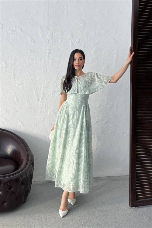 Wholesale Mint Jacquard Organza Dress with Overlay