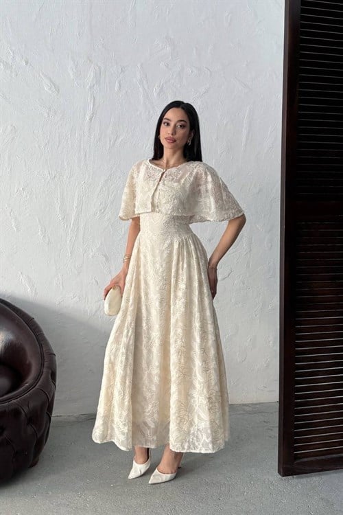 Wholesale Stone Jacquard Organza Dress with Overlay