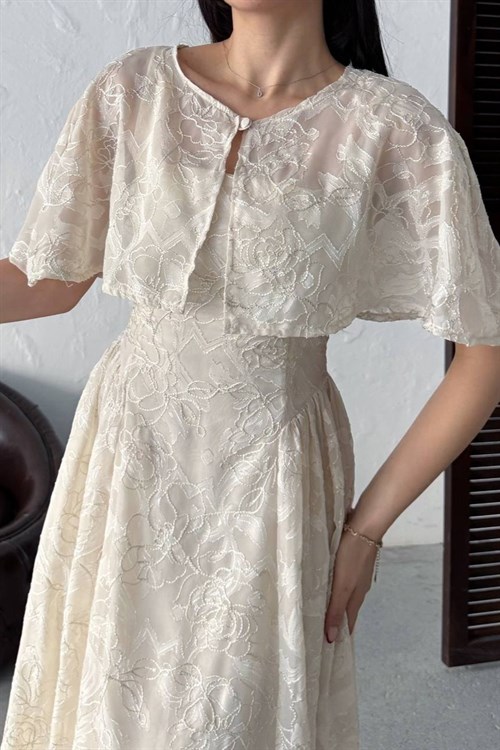 Wholesale Stone Jacquard Organza Dress with Overlay