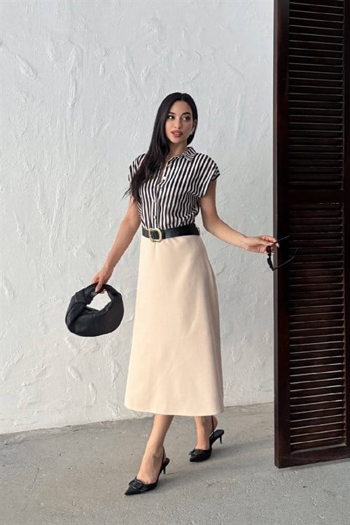 Wholesale Stone Striped Shirt-Dress with Belt