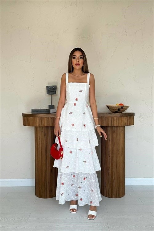 Wholesale White-Red Back-Tie Layered Dress