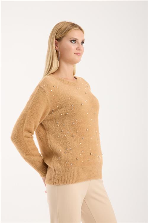 Wholesale Women Beige Crew-Neck Knit Blouse with Rhinestone and Pearl Embellishments