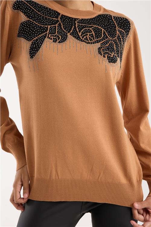 Wholesale Women Beige Crew-Neck Knit Blouse with Rhinestone Embellishments
