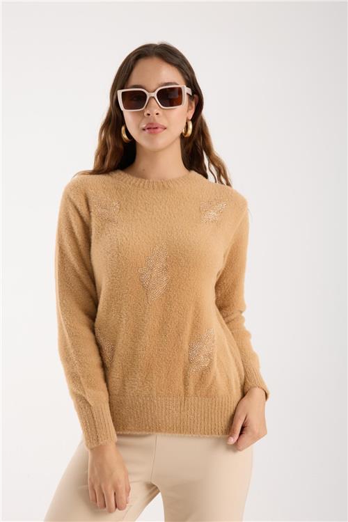 Wholesale Women Beige Crew-Neck Knit Blouse with Beaded Embroidery