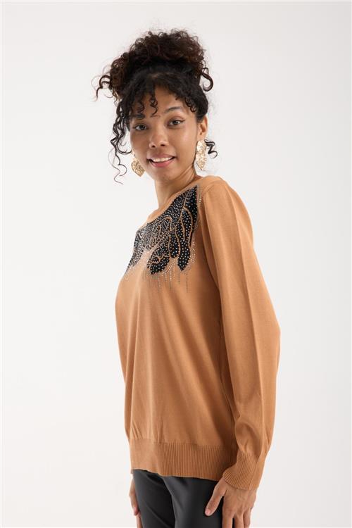 Wholesale Women Beige Crew-Neck Knit Blouse with Rhinestone Embellishments