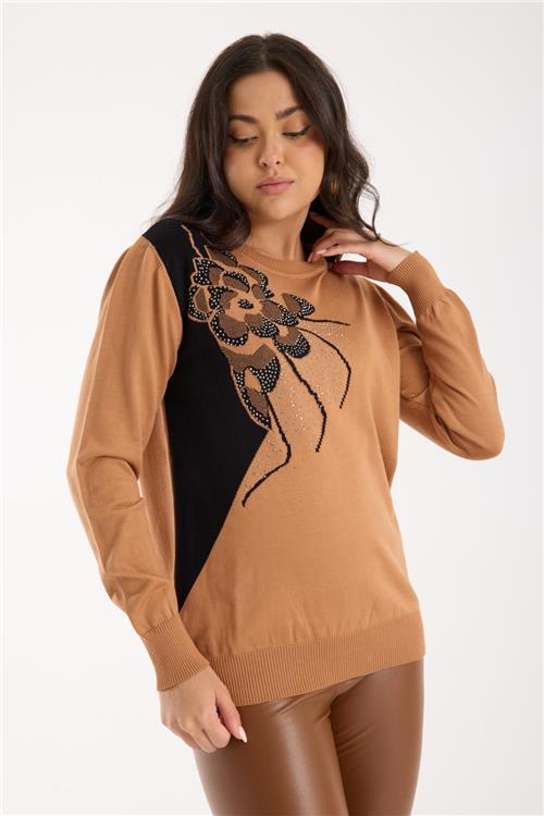 Wholesale Women Beige Crew-Neck Knit Blouse with Rhinestone Embellishments