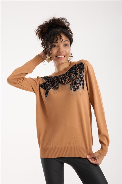 Wholesale Women Beige Crew-Neck Knit Blouse with Rhinestone Embellishments