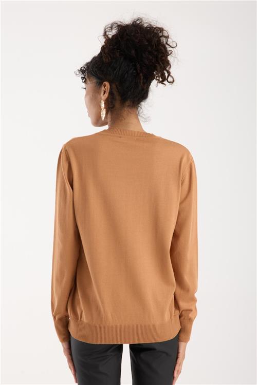 Wholesale Women Beige Crew-Neck Knit Blouse with Rhinestone Embellishments