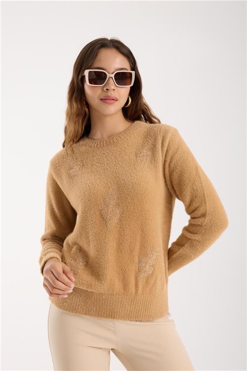 Wholesale Women Beige Crew-Neck Knit Blouse with Beaded Embroidery