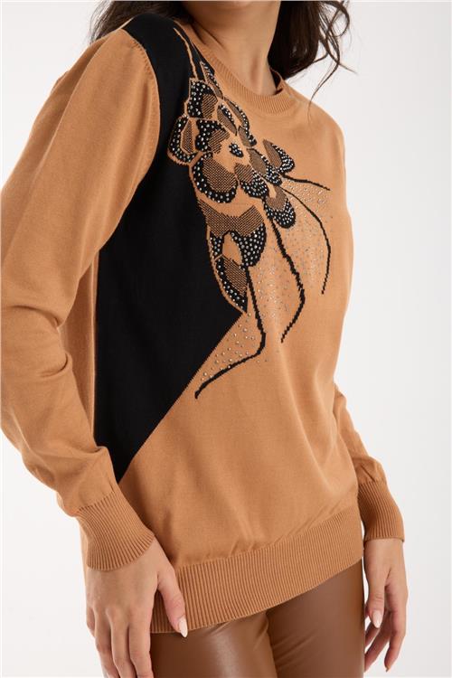 Wholesale Women Beige Crew-Neck Knit Blouse with Rhinestone Embellishments