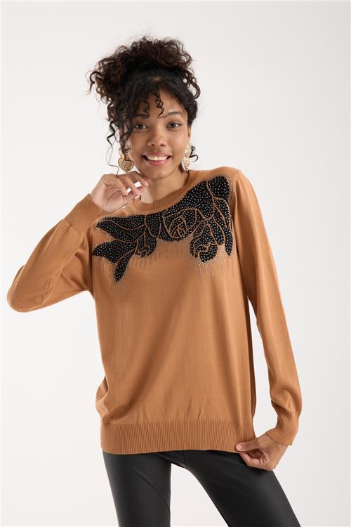 Wholesale Women Beige Crew-Neck Knit Blouse with Rhinestone Embellishments