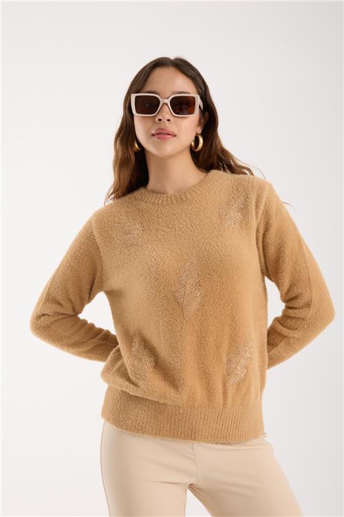 Wholesale Women Beige Crew-Neck Knit Blouse with Beaded Embroidery