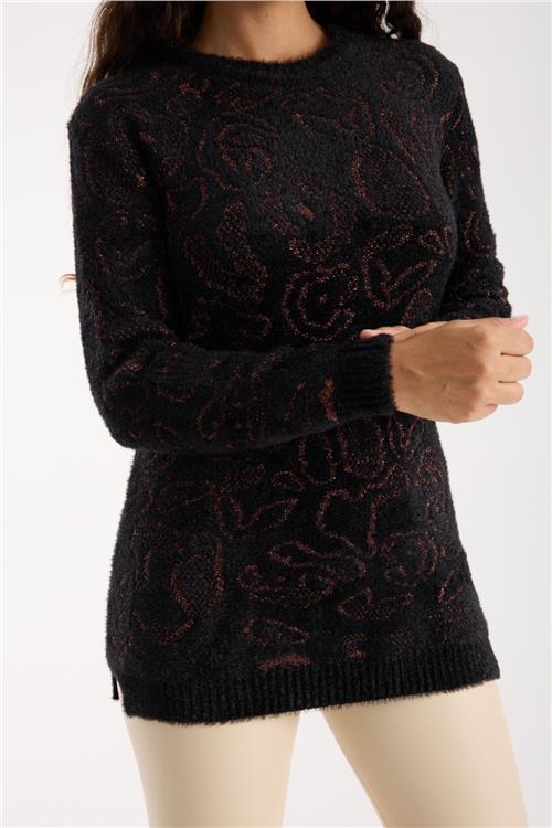 Wholesale Women Black-Brown Lurex Crew-Neck Knit Blouse with Side Slits