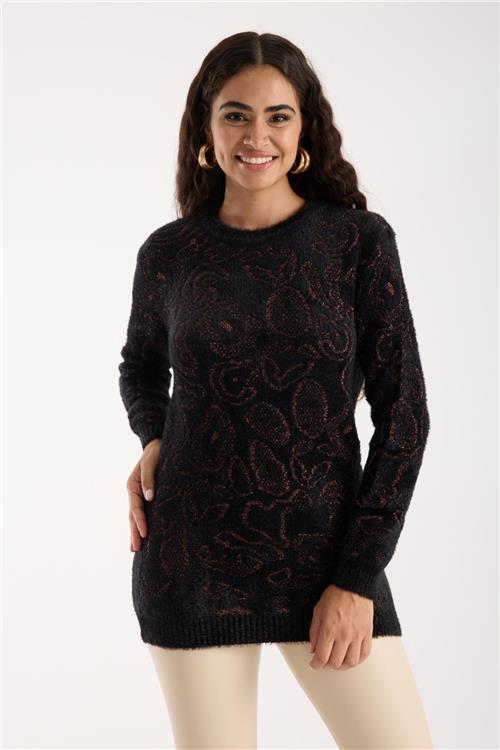 Wholesale Women Black-Brown Lurex Crew-Neck Knit Blouse with Side Slits