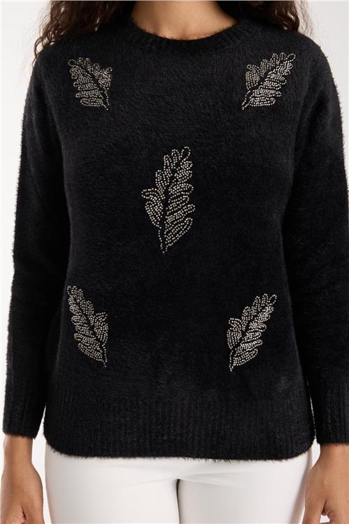Wholesale Women Black Crew-Neck Knit Blouse with Beaded Embroidery
