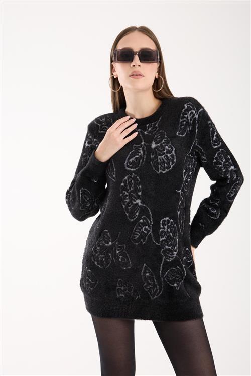 Wholesale Women Black Crew-Neck Knit Blouse with Leaf Pattern