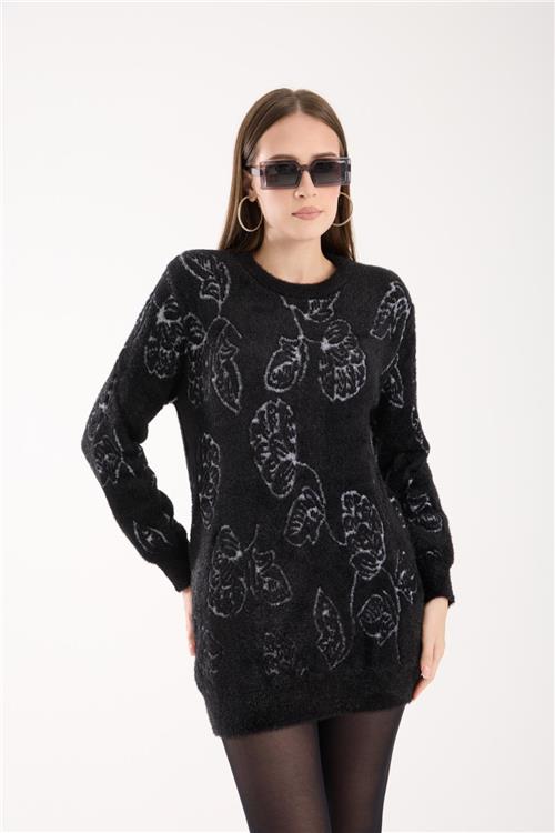Wholesale Women Black Crew-Neck Knit Blouse with Leaf Pattern