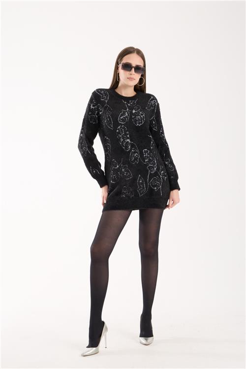 Wholesale Women Black Crew-Neck Knit Blouse with Leaf Pattern