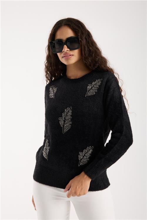 Wholesale Women Black Crew-Neck Knit Blouse with Beaded Embroidery