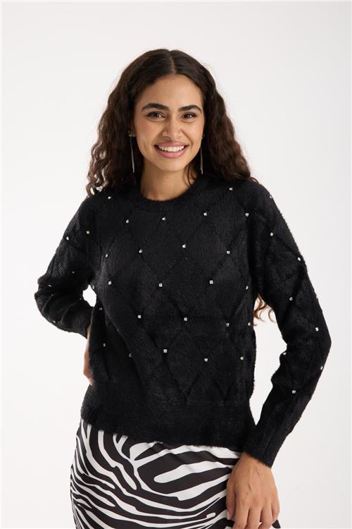 Wholesale Women Black Crew-Neck Knit Blouse with Rhinestone Embellishments