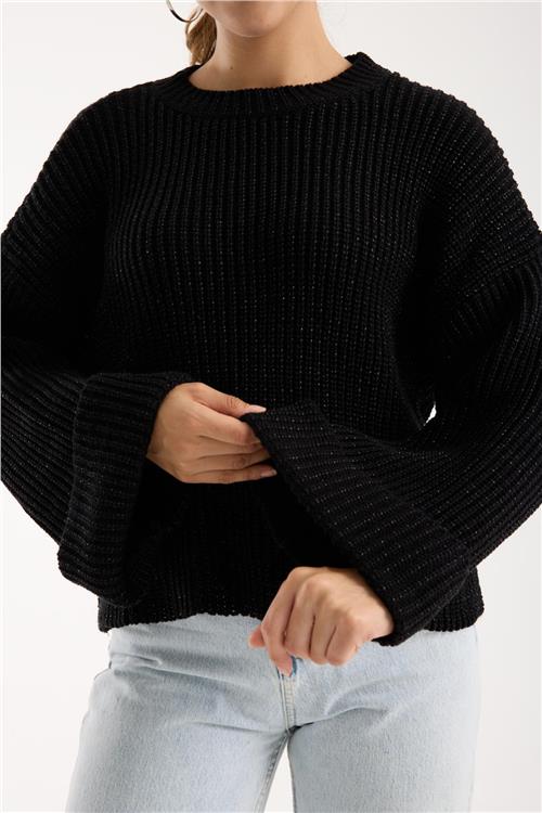 Wholesale Women Black Lurex Rib Knit Oversized Crew-Neck Sweater