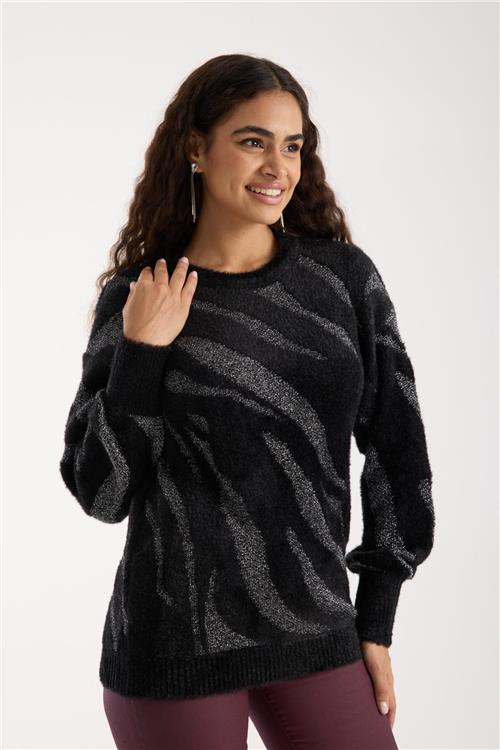 Wholesale Women Black Lurex Crew-Neck Knit Blouse with Bishop Sleeves