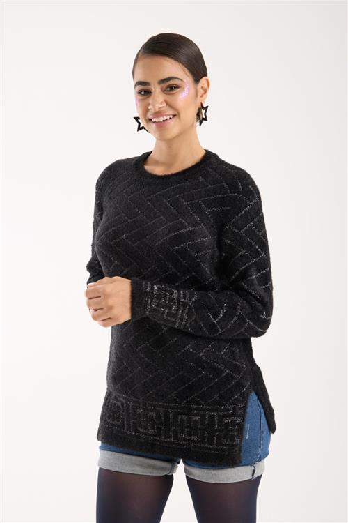 Wholesale Women Black Lurex Crew-Neck Knit Blouse with Side Slits