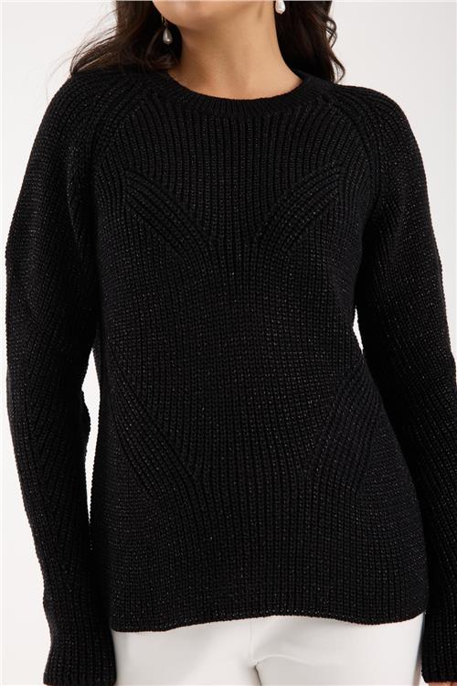 Wholesale Women Black Crew-Neck Lurex Rib Knit Sweater with Raglan Sleeves