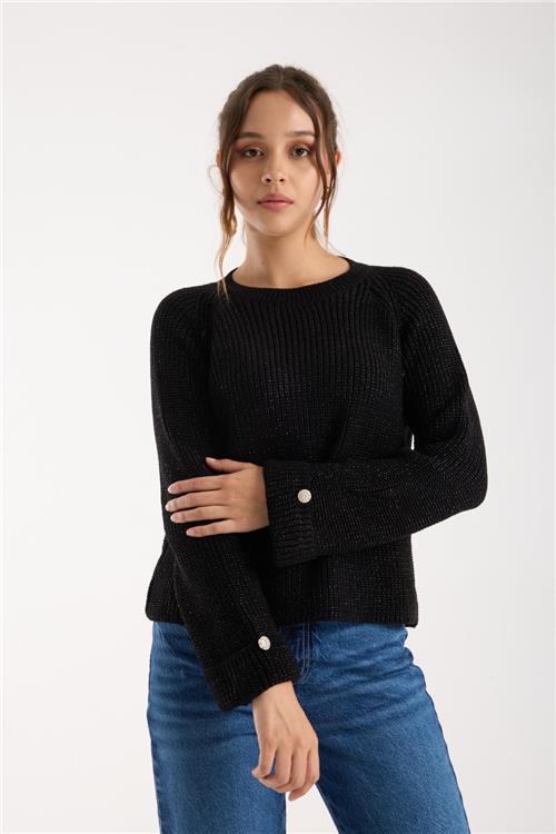 Wholesale Women Black Lurex Crew-Neck Knit Blouse with Raglan Sleeves and Single Button Cuffs