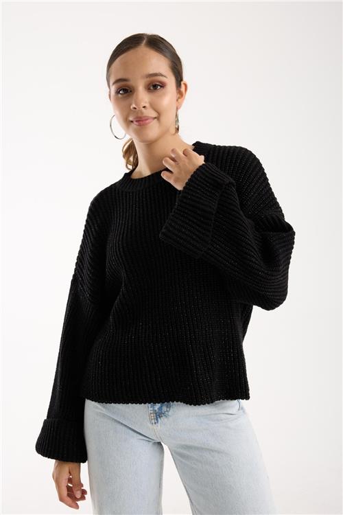 Wholesale Women Black Lurex Rib Knit Oversized Crew-Neck Sweater