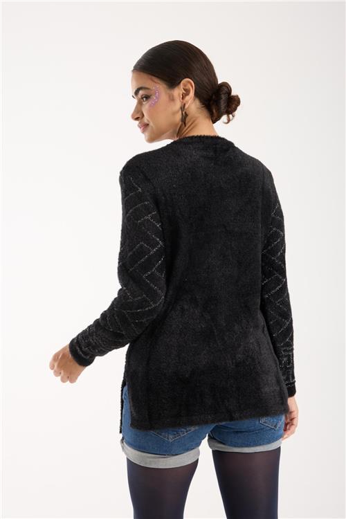 Wholesale Women Black Lurex Crew-Neck Knit Blouse with Side Slits