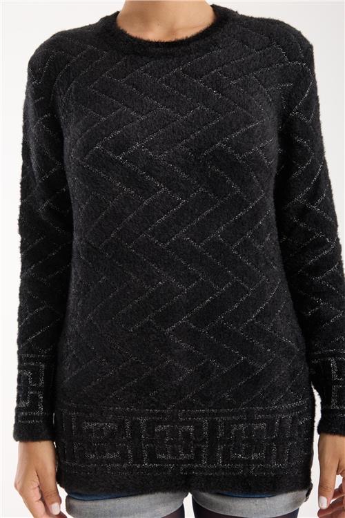 Wholesale Women Black Lurex Crew-Neck Knit Blouse with Side Slits
