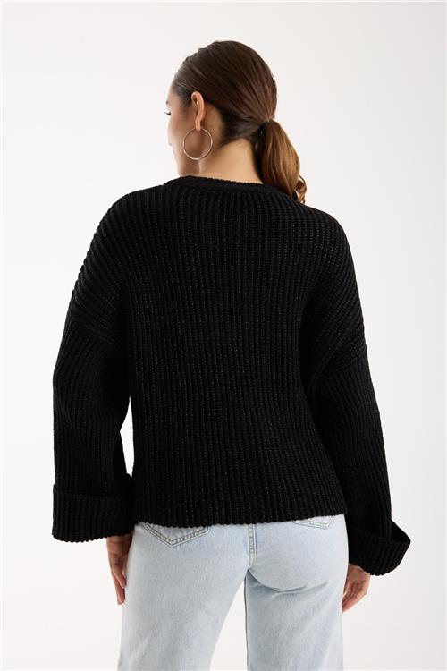 Wholesale Women Black Lurex Rib Knit Oversized Crew-Neck Sweater