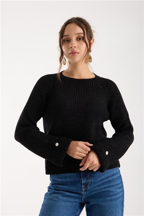 Wholesale Women Black Lurex Crew-Neck Knit Blouse with Raglan Sleeves and Single Button Cuffs
